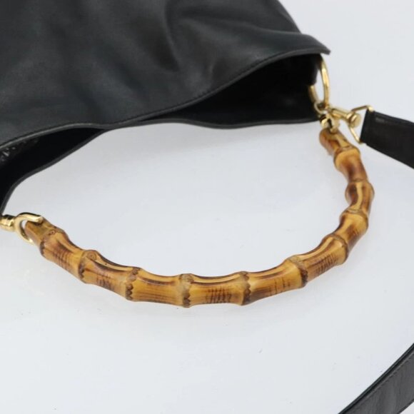 GUCCI Bamboo Hand Bag Leather Black Gold - Picture 6 of 16